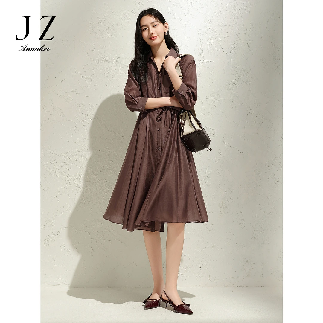 玖姿安娜蔻衬衫式收腰莱赛尔量感连衣裙女2025春季新款KWFC50045