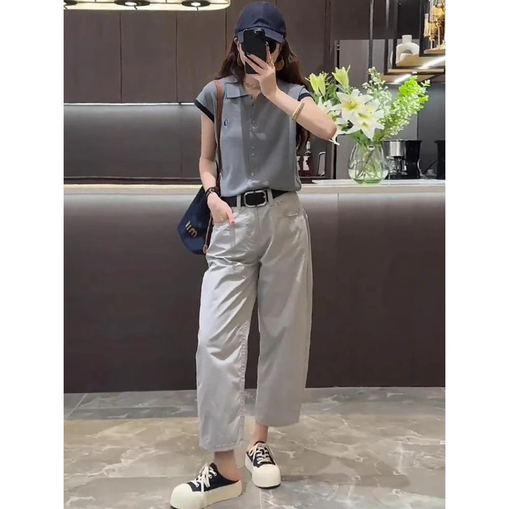 小个子夏装搭配一整套女2025超火Polo领短袖T恤休闲九分裤两件套