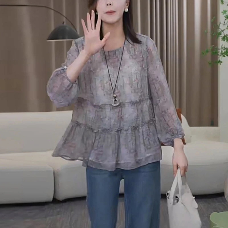 超好看漂亮小衫中国风水墨印花长袖衬衫女秋季穿搭新款宽松上衣