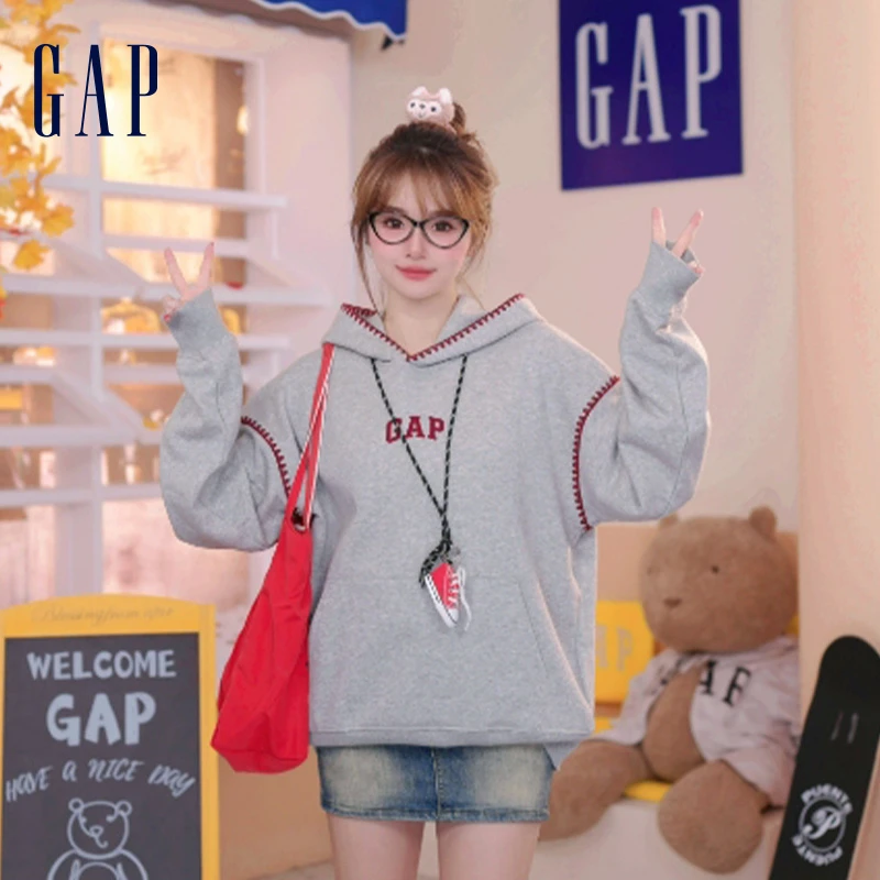 【成毅代言】Gap男女同款秋冬刺绣撞色宽松抓绒休闲连帽卫衣786896