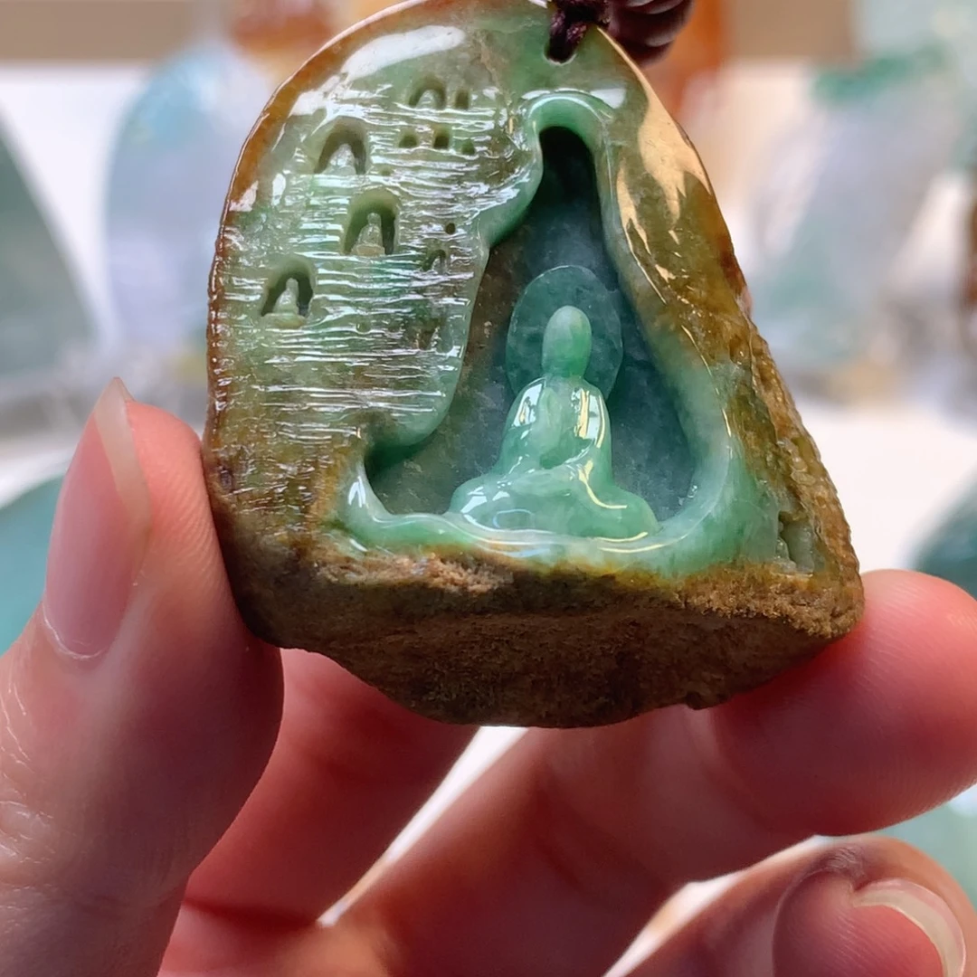 翡翠未镶嵌挂件天然翡翠黄加绿佛窟手把件