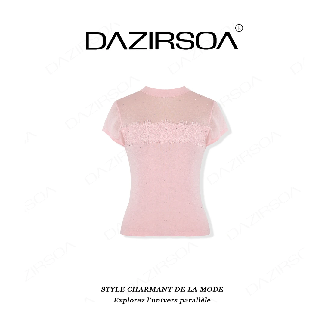 DAZIRSOA/达姿“一瞬入夏”时尚百搭拼接蕾丝花1oo天丝T恤 AA238