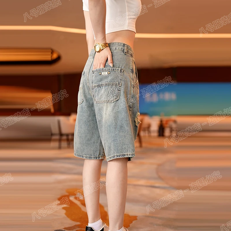 接潮2025男士牛仔中裤夏季破洞透气中腰薄款短裤宽松韩版直筒中裤