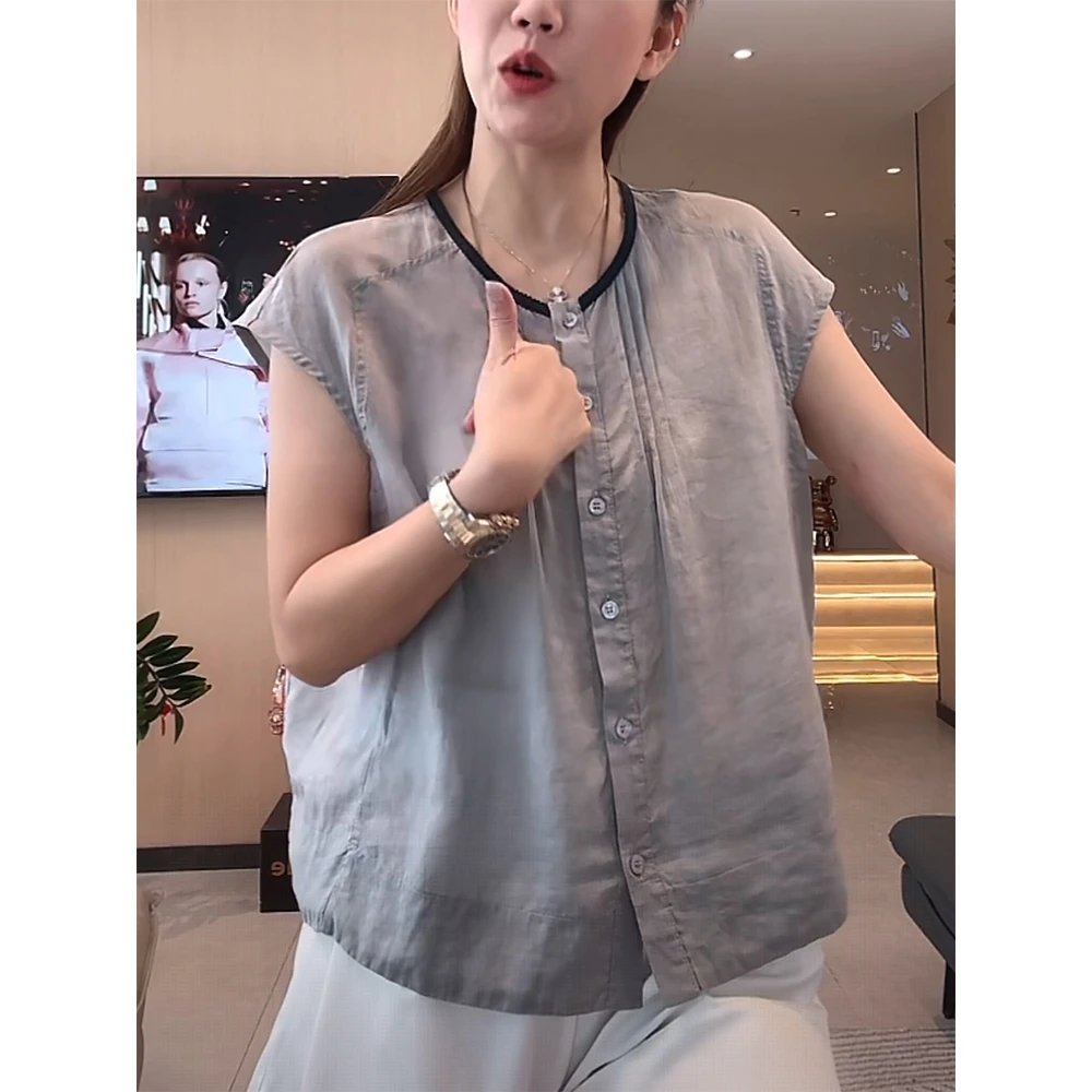 宽松显瘦时尚灰色短袖衬衫2025夏季新款女士亚麻褶皱洋气减龄上衣
