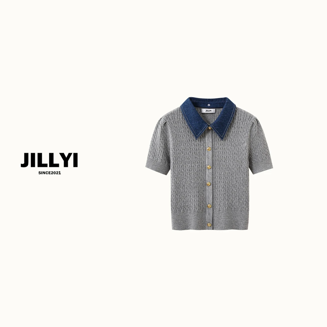 jillyi【灰调维纳斯】灰色拼接牛仔半开领金色单排扣时尚针织开衫