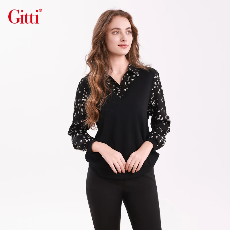 吉蒂GITTI长袖衬衫女秋冬优雅时尚V领拼接假两件大码衬衣G255150