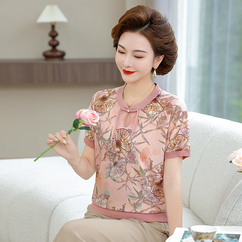 母亲节气质妈妈装夏装冰丝短袖中老年人国风夏季时尚印花宽松小衫