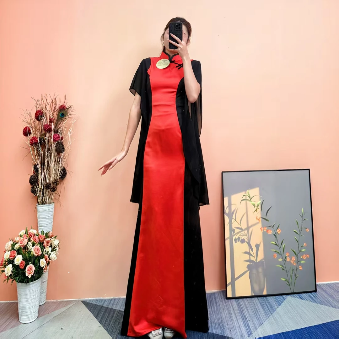 [依易原创]气质复古新中式缎面拼接水袖修身改良旗袍长裙D0402