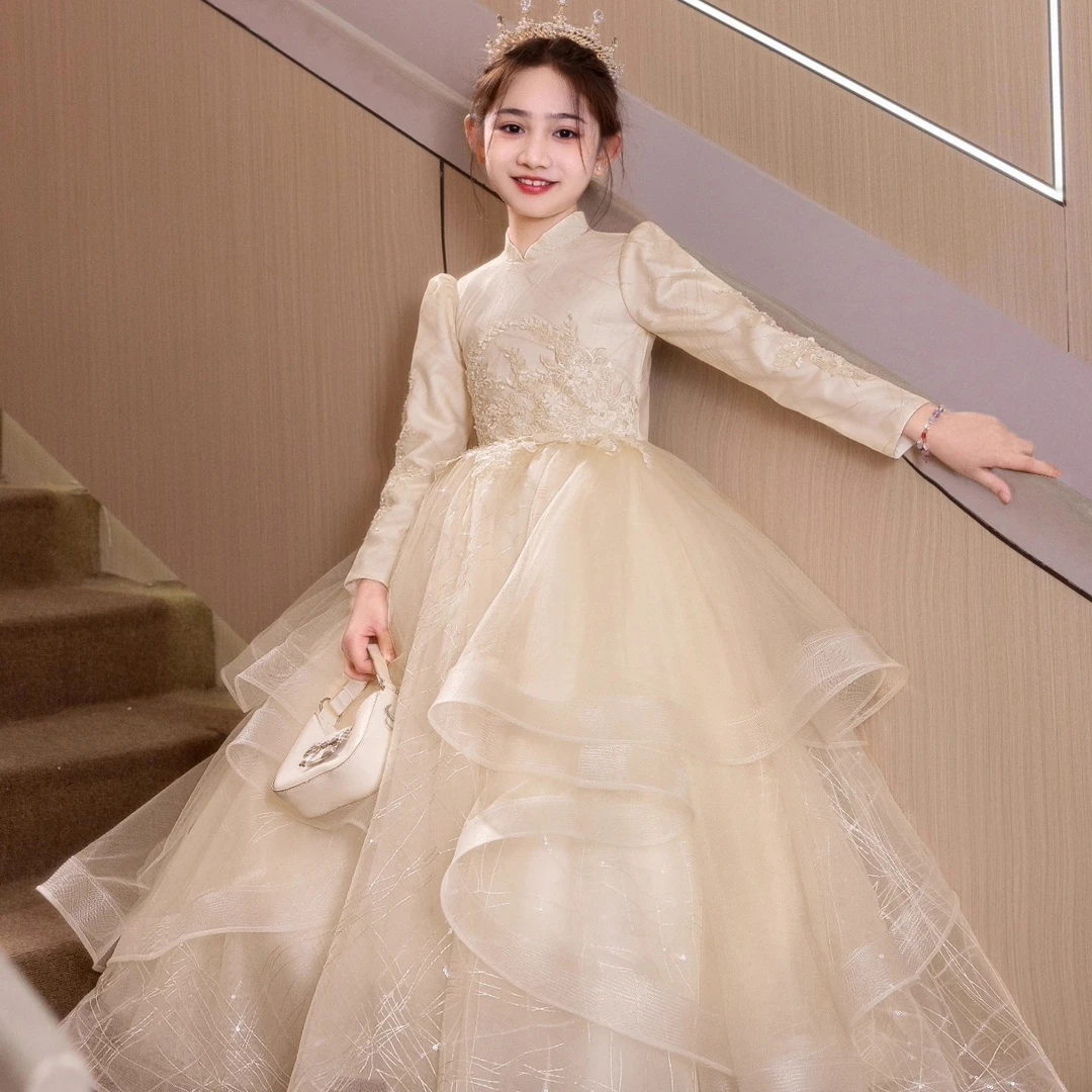女童礼服香槟色长袖花童儿童公主裙生日小主持人钢琴演出服春夏季