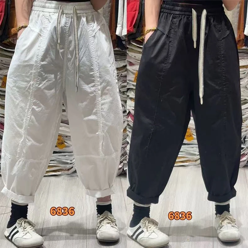 13050新款夏季复古松紧腰休闲百搭九分裤哈伦裤