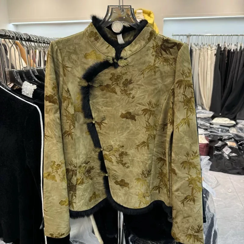 黑色立领獭兔毛国风盘扣打底