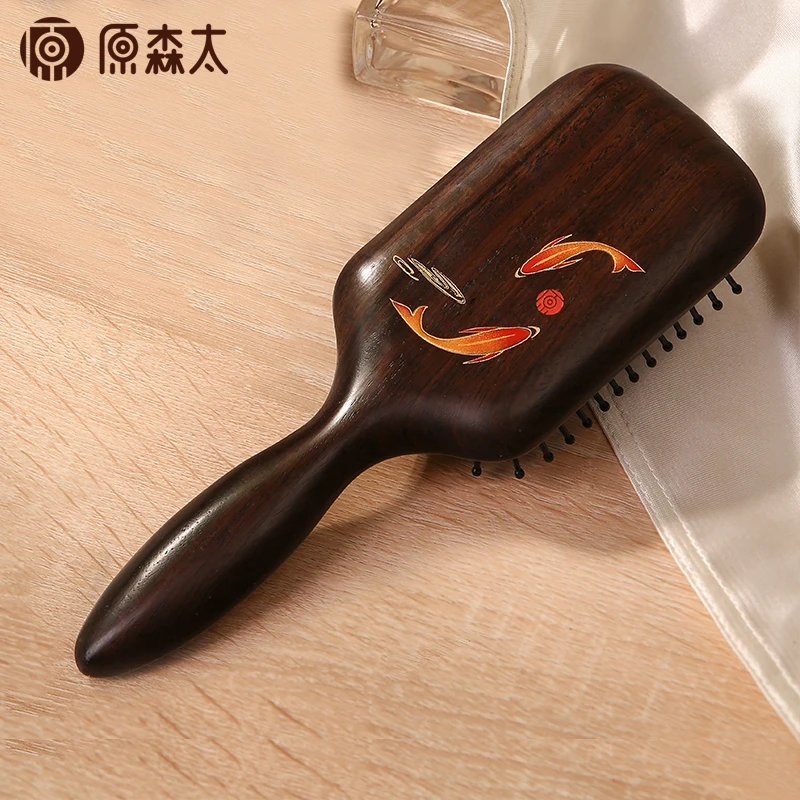 原森太家用高档黑檀木锦鲤按摩气垫梳头疗按摩头皮头皮按摩顺发梳