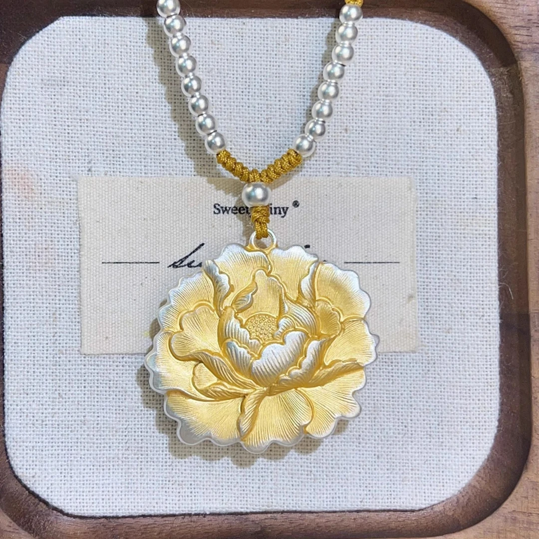 吊坠足银 足银999描金牡丹花吊坠女新中式国风气质手工纯银毛衣链