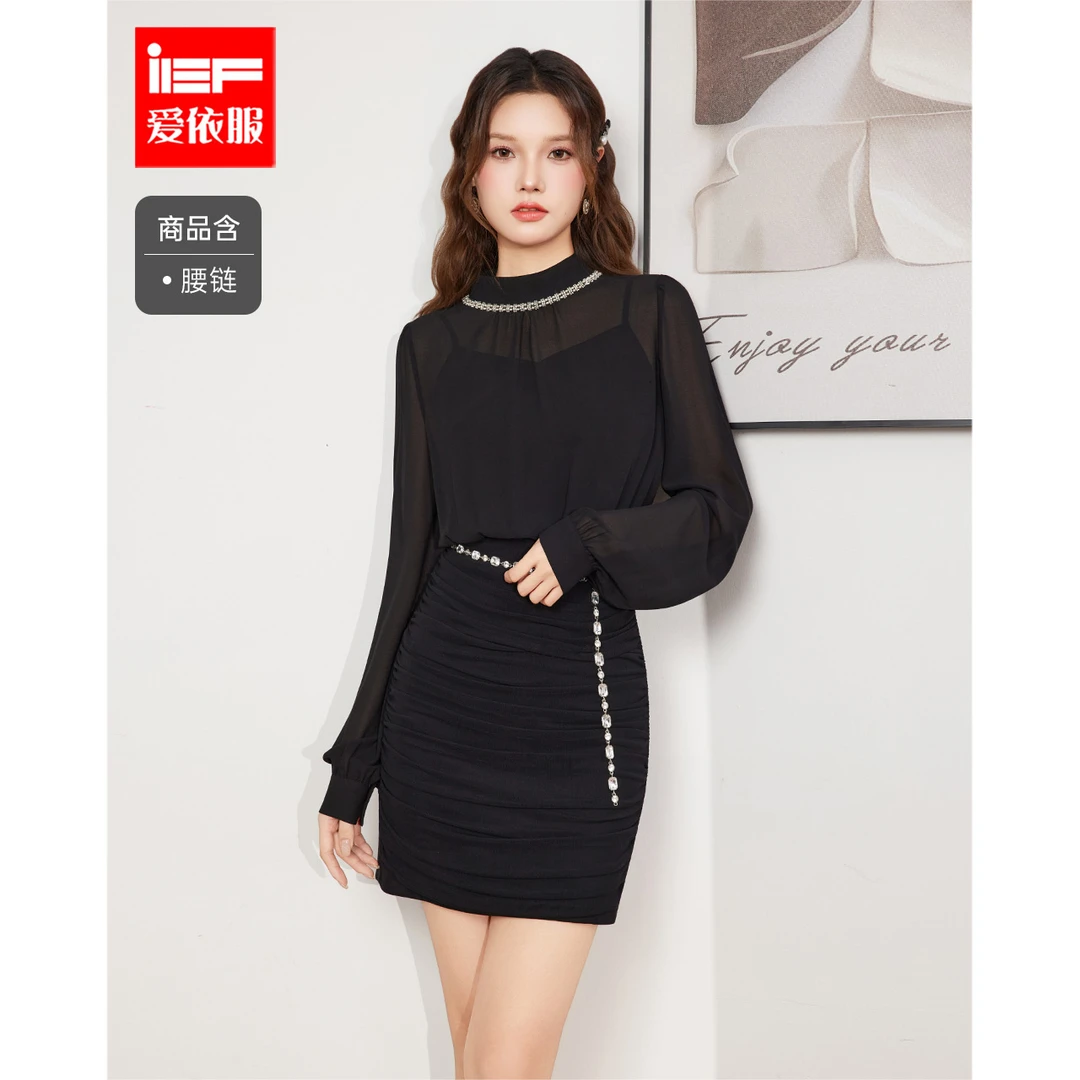 IEF/爱依服2025新款秋季显瘦高领气质时尚长袖修身连衣裙