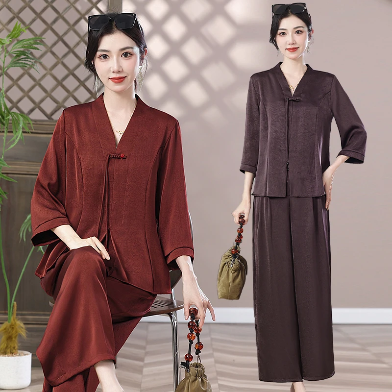 夏季新款古韵套装长袖上衣裤子两件套纯色加大加肥时尚气质妈妈装