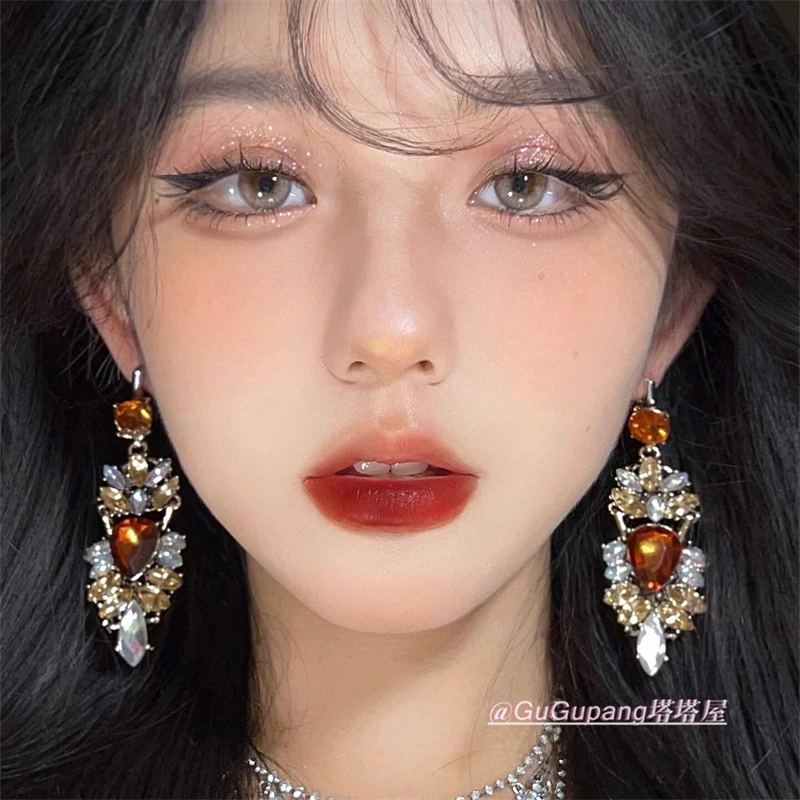 vintage复古欧美ins做旧风爆闪气质夸张镶嵌水钻小众耳环耳夹耳钉