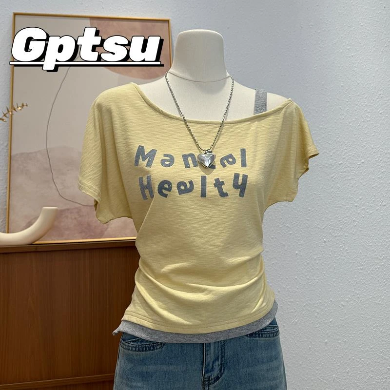 GPTSu美式辣妹短袖t恤女夏季设计感斜领露肩印花假两件独特短上衣
