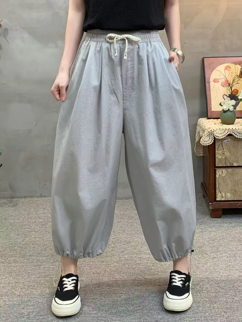 九分裤阔腿裤气球裤夏季薄款松紧腰休闲裤直筒纯色灯笼裤抽绳两穿