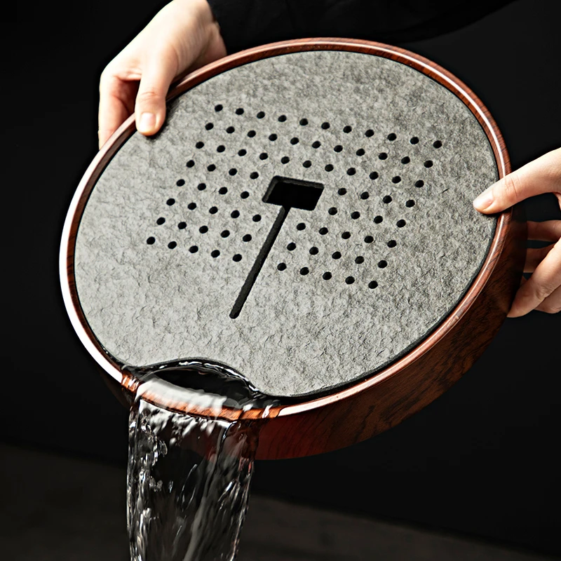 2025新款圆形储水式乌金石茶盘家用功夫茶具泡茶台仿实木蓄水托盘