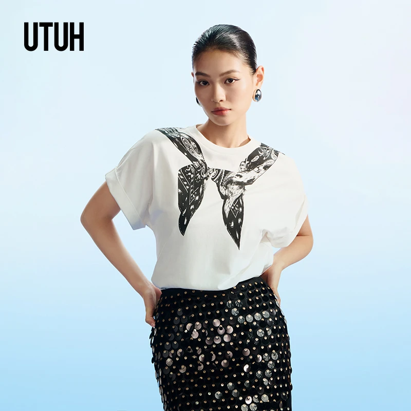 UTUH 连肩短袖丝巾印花T恤TUWFA1T170