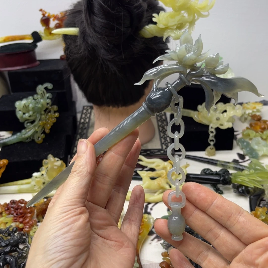 【闪购商品】蛇纹石玉未镶嵌发饰炸****灰