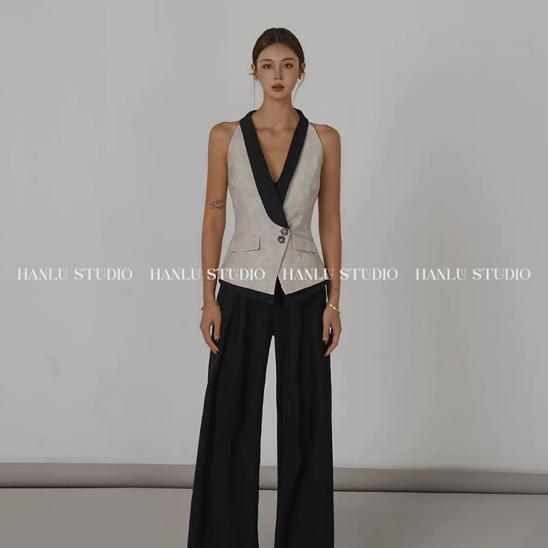 HanLu studio私服·小众定制暗纹肌理松石绿收腰马甲撞色腰头长裤