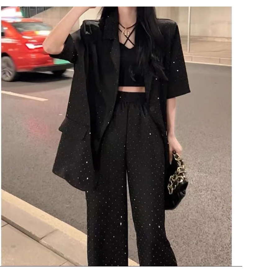 御姐风黑色烫钻西装外套2025夏季新款气质宽松西服外套短裤两件套