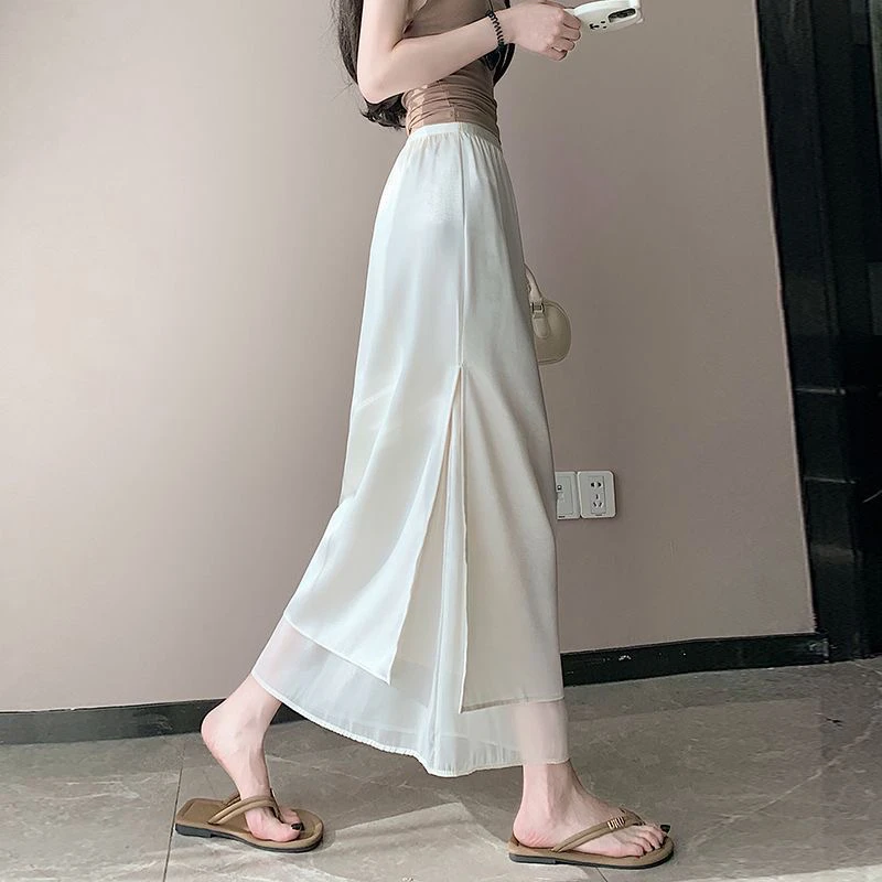 2025夏季新中式醋酸缎面高腰显瘦侧开叉显瘦双层A字半身裙女