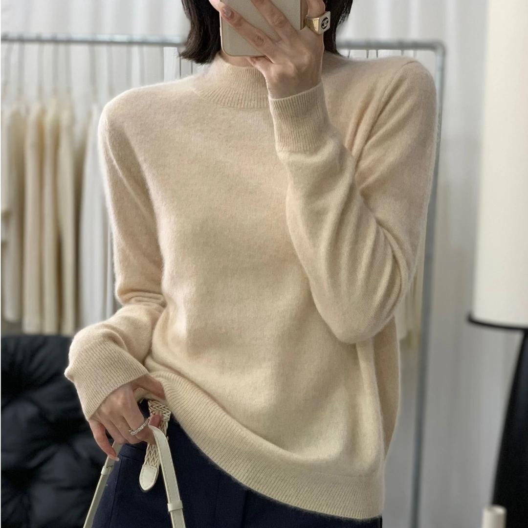 【ZHENCAN】100%纯山羊绒女款半高领纯色显瘦女秋冬宽松百搭打底衫