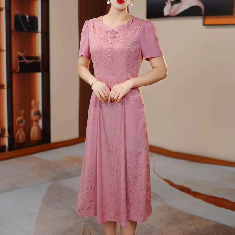 新中式国风复古圆领旗袍连衣裙女夏2025新款喜婆婆婚宴装减龄裙子