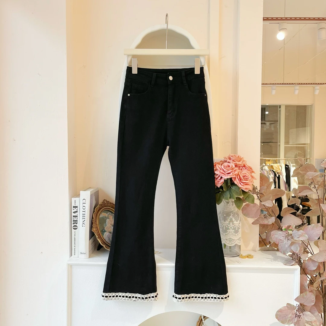 LHTE青青大码女装 春夏修身细狗微喇八分牛仔裤K5120黑色