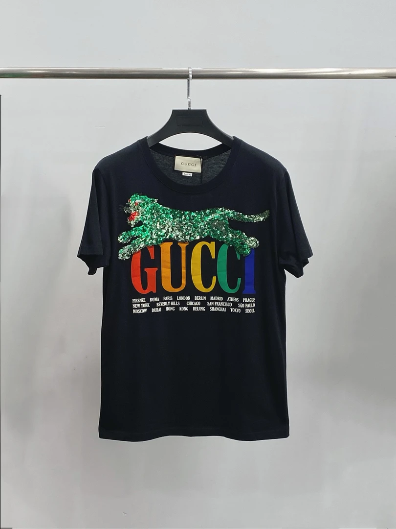 全新未使用 GUCCI/古驰 xm12220562 黑色豹子亮片彩虹logo短袖 xs