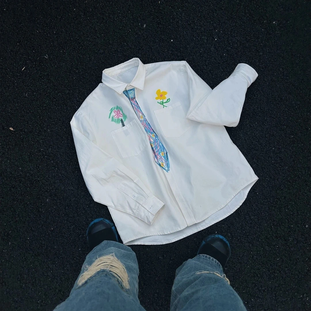 “追梦”| eeee创意设计感蜡笔手绘领带衬衫趣味学院风涂鸦衬衣春