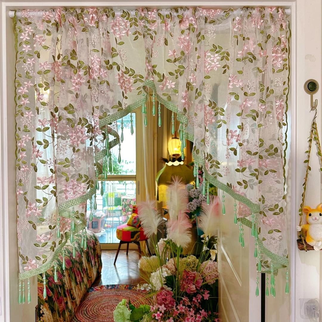 轻奢高级感绿韵碎免打孔安装隔断门帘纱帘蕾丝布艺卧室厨房隔断