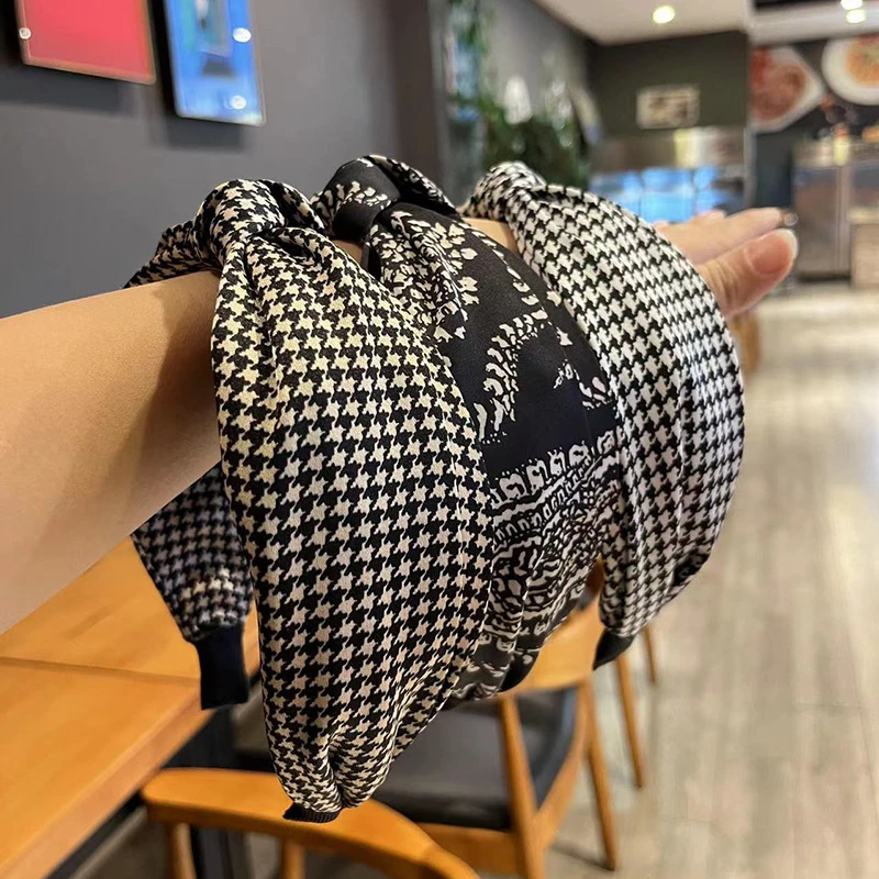 千鸟格发箍腰果花韩式宽边外出交叉打结发卡春秋高端布艺简约发饰