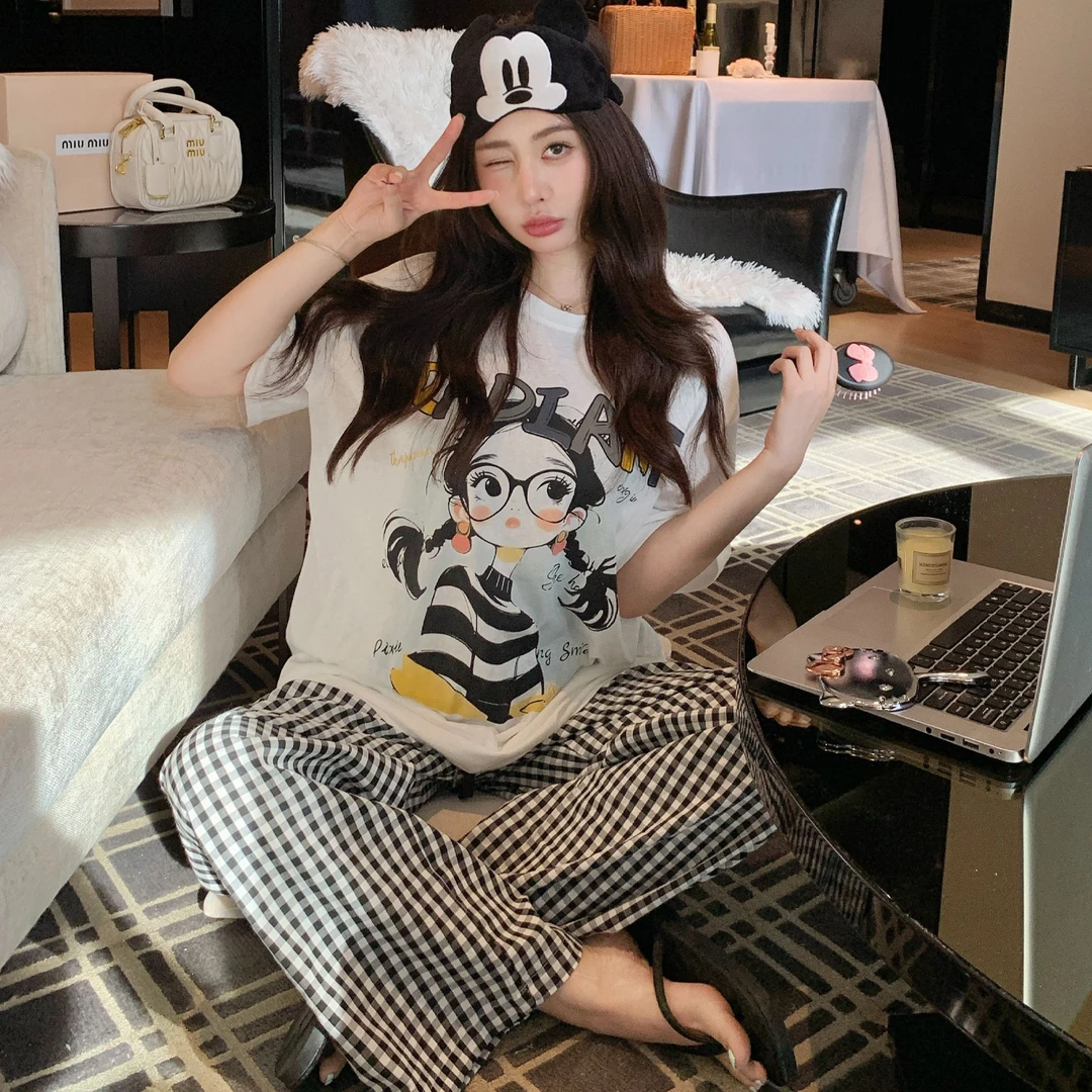纯棉睡衣女夏季短袖长裤三件套装卡通可爱格子学生家居服夏天