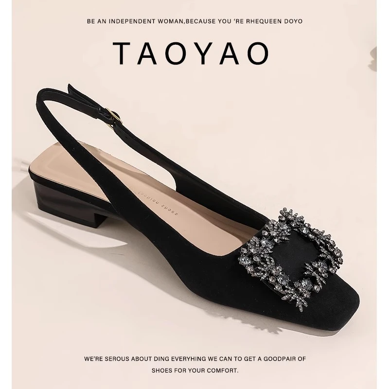 黑色水钻方头粗跟凉鞋女2025新款气质软底百搭舒适通勤低跟高跟鞋