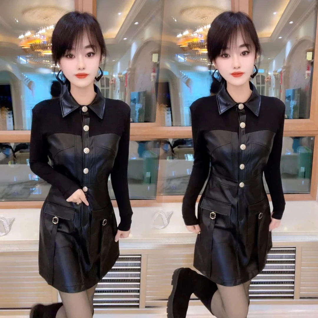 长袖2025冬季新款时尚拼接街头风翻领皮裙连衣裙修身百搭网红收腰