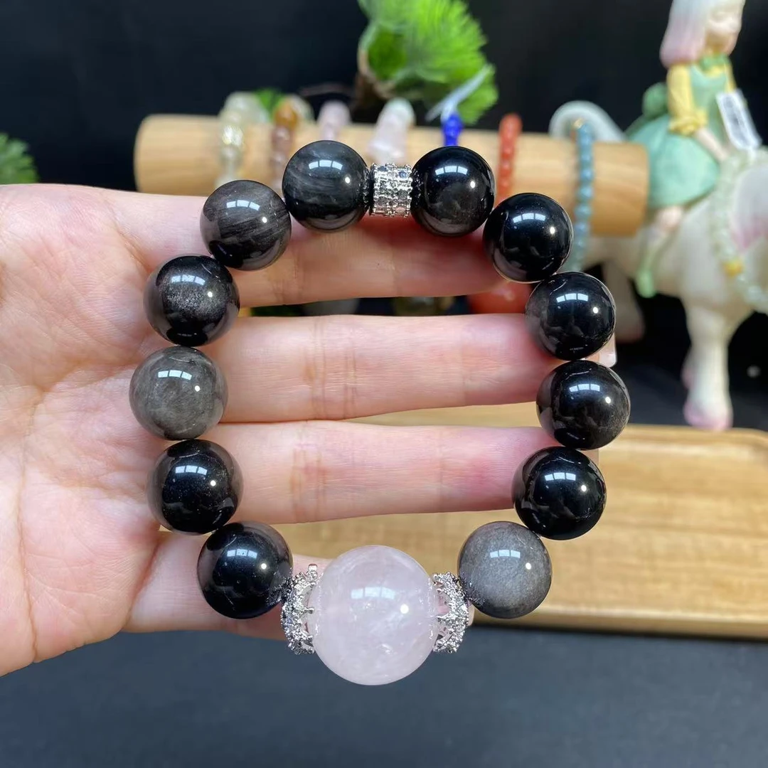 【黑曜石14m手串】A1002搭配粉水晶大顶珠交换顶轮浪漫终生百搭