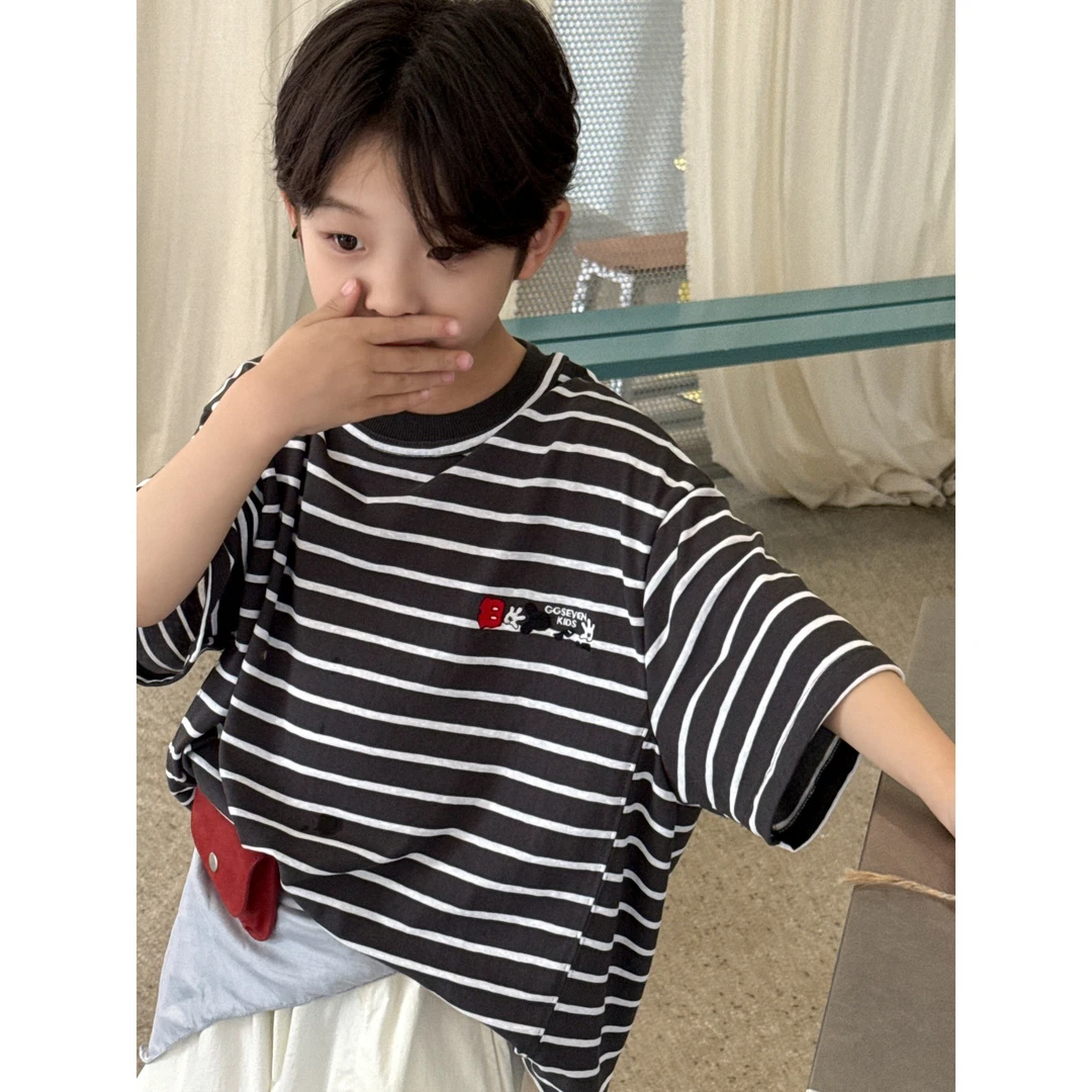 in 爱：nl25夏季男童短袖条纹T恤儿童洋气宽松半袖上衣潮童90850