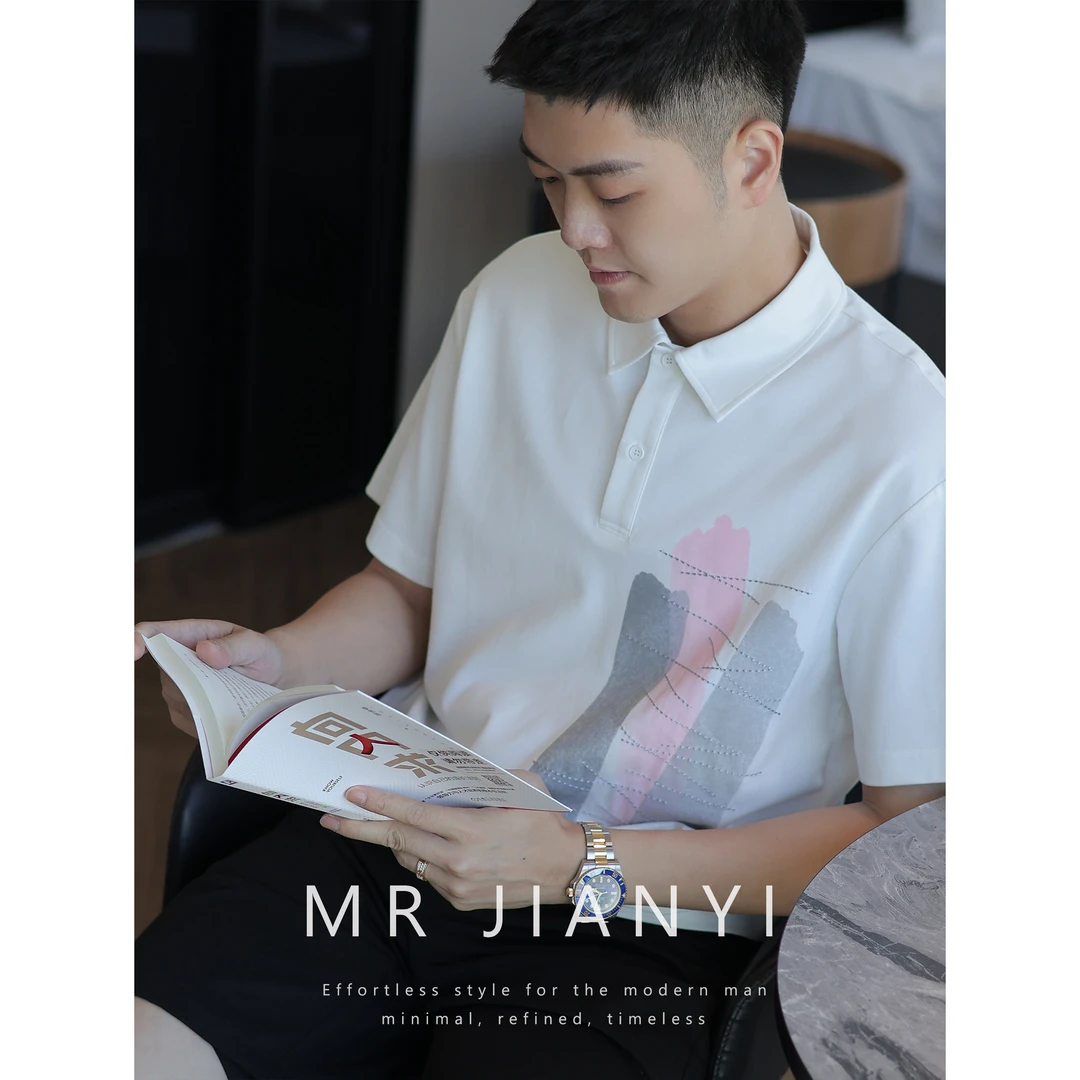 MR JIANYI夏季多巴胺手绘印花Polo衫莫代尔柔滑凉感翻领短袖T恤男