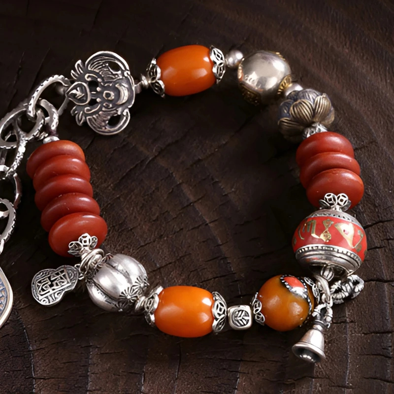 925银手链 S10385 蜜枣六字真言莲花佛像铃铛招财葫芦手链