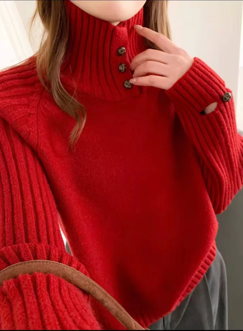 韩版慵懒风加厚高领毛衣女秋冬新款设计感纽扣长袖针织衫套头上衣