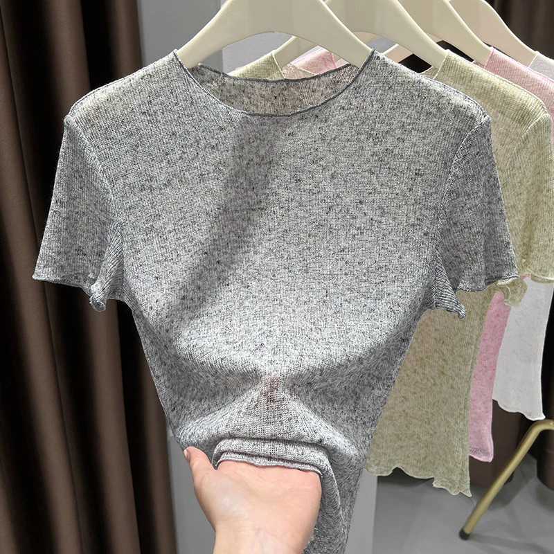 灰色木耳边冰丝短袖T恤打底衫女新款爆款洋气内搭可外穿休闲上衣