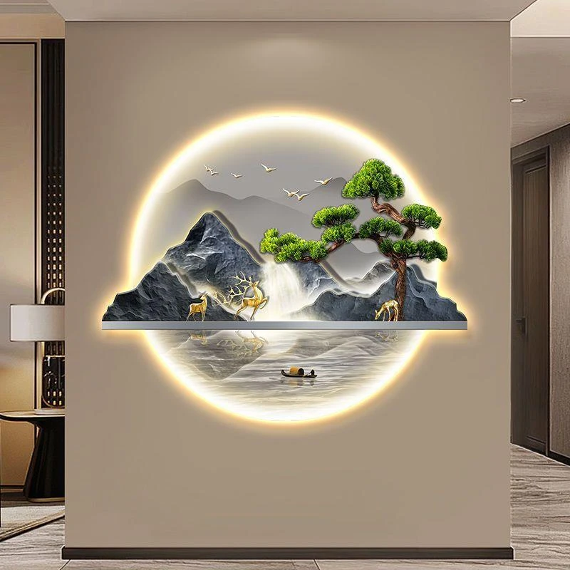 中式入户玄关装饰画轻奢流水生财茶室带灯走廊过道挂画迎客松壁画