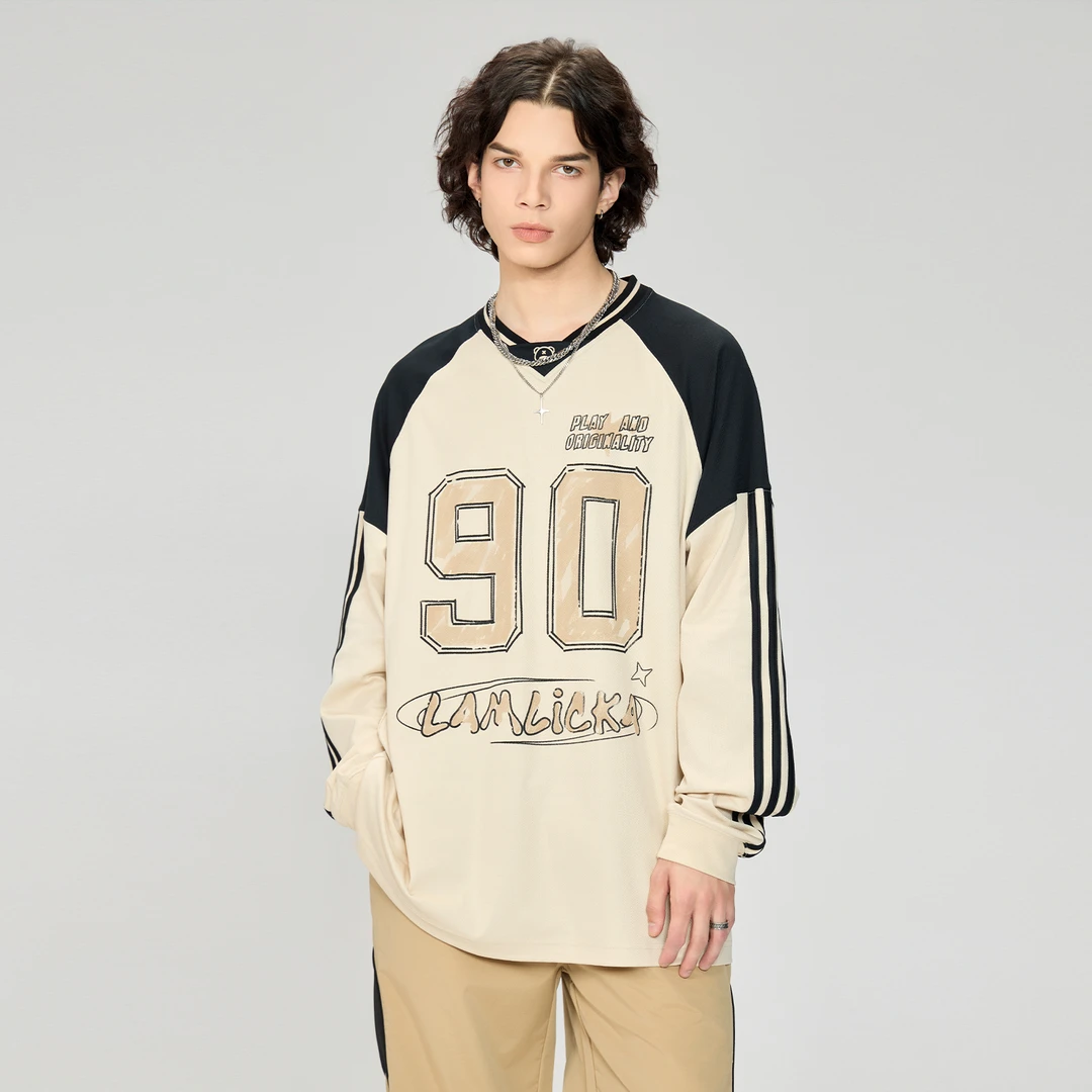 LAMLICKA凉感抗菌运动V领长袖T恤男春新款情侣拼接撞色宽松上衣潮