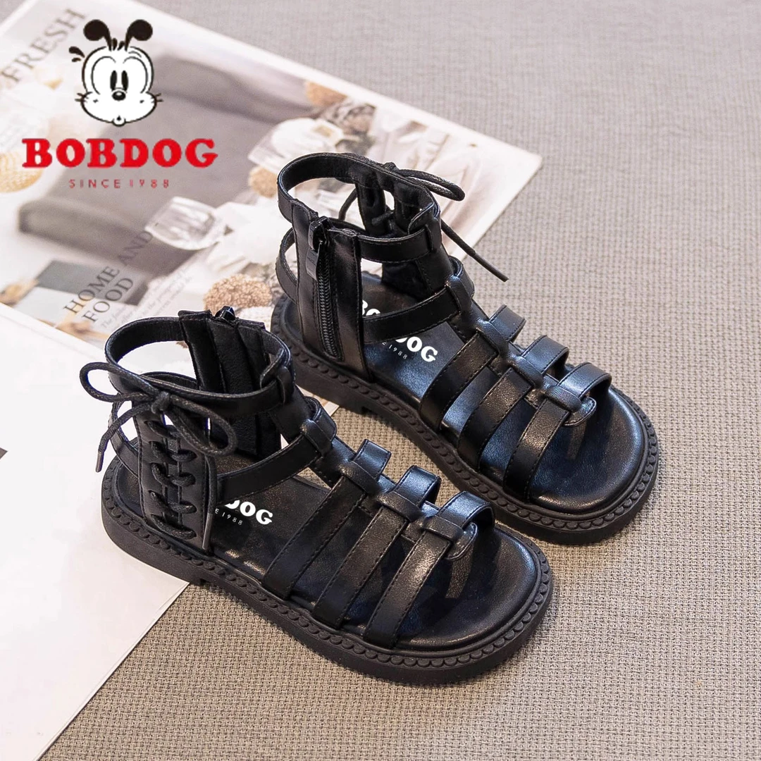 巴布豆女童凉鞋2025新款夏季儿童罗马鞋大童爆款女孩公主黑色鞋子