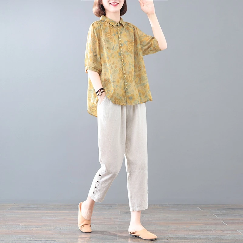 短袖棉麻套装女2023夏季新款韩版宽松遮肉显瘦妈妈装碎花两件套女