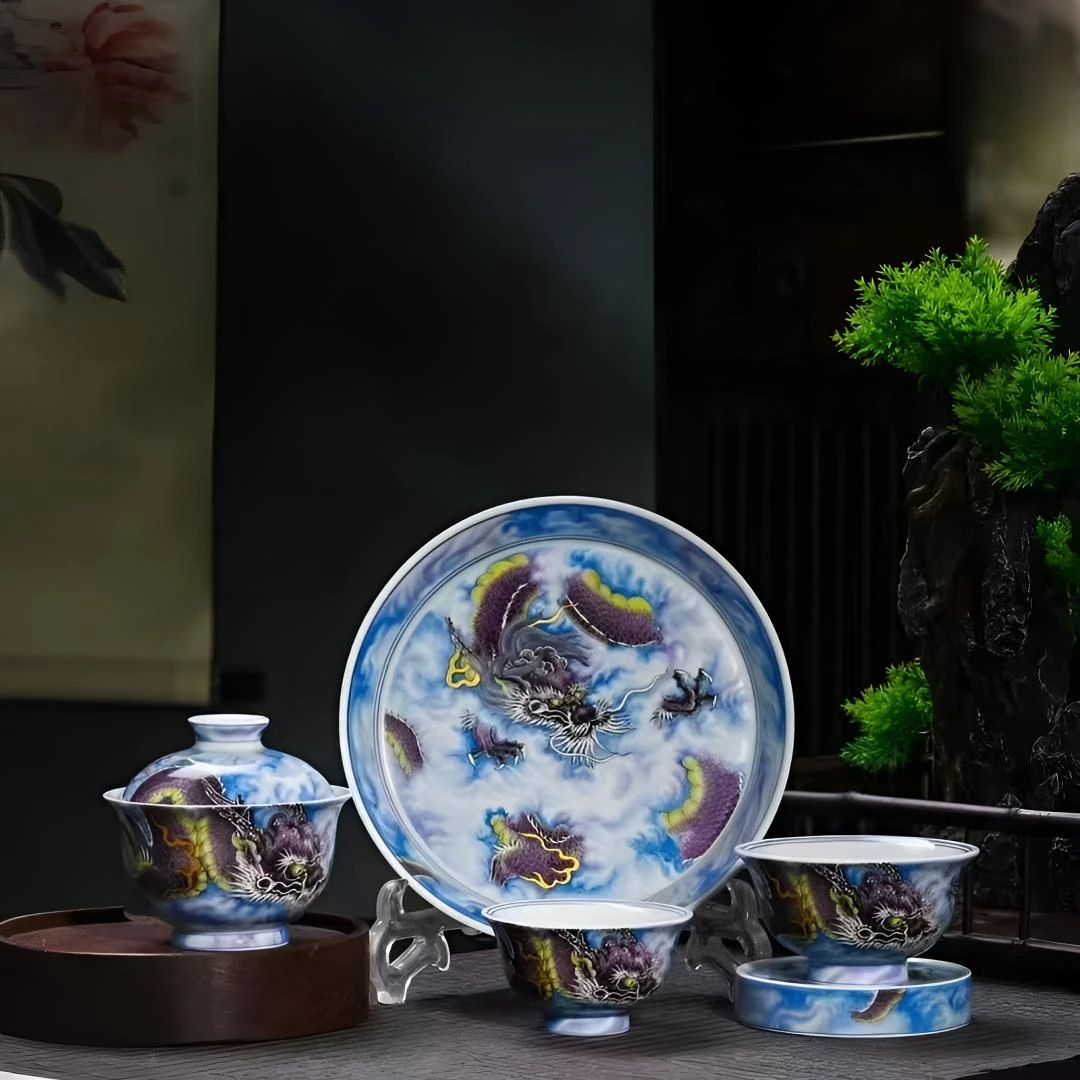 景德镇高温瓷七承堂新品紫龙系列五件套高端大气礼盒装