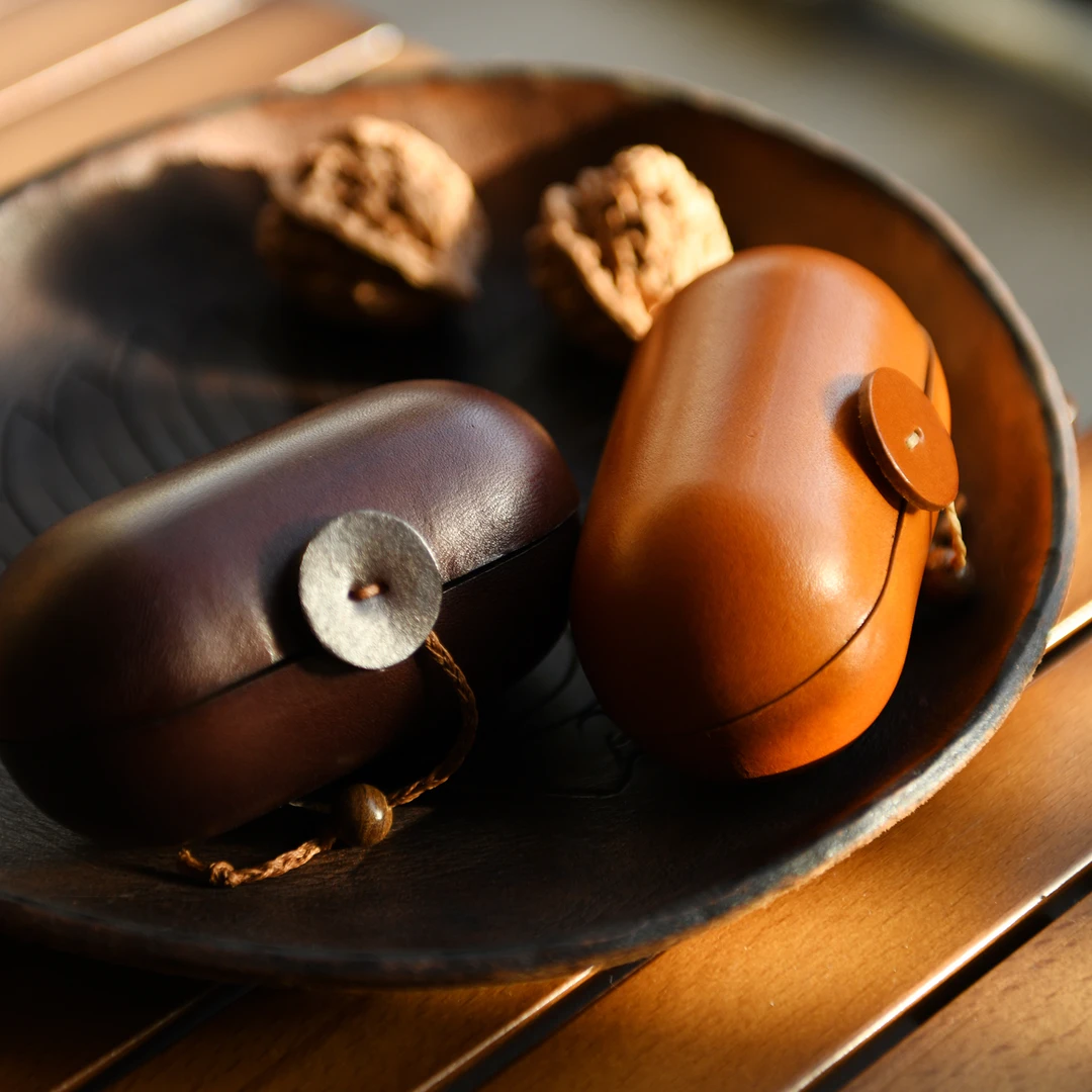 手工头层植鞣牛皮核桃收纳盒文玩串珠首饰真皮收纳包定型硬皮盒子